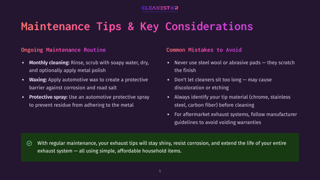 5 Maintenance Tips And Key Considerations A Dark Purple Background Displays A Maintenance Tips Infographic With Text In White And Red Fonts. The Heading Reads &Quot;Maintenance Tips &Amp; Key Considerations,&Quot; And It Is Divided Into Two Sections. The Left Section Includes Tips Such As Monthly Cleaning, Waxing, And Using Protective Spray. The Right Section Lists Common Mistakes To Avoid, Such As Using Steel Wool Or Abrasive Pads.