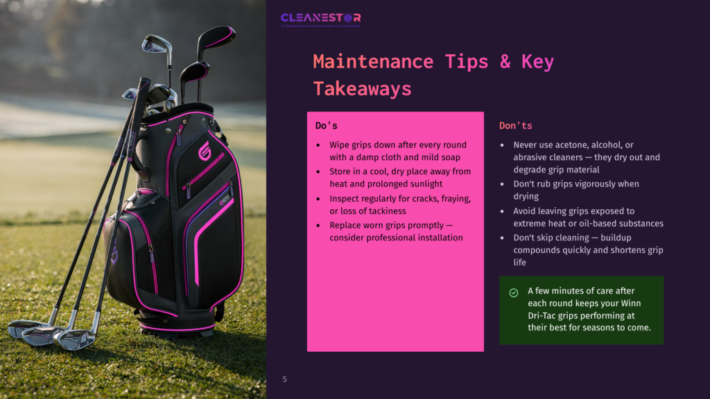 5 Maintenance Tips And Key Takeaways 11 Golf Bag With Clubs And A &Quot;Cleanestor Maintenance Tips &Amp; Key Takeaways&Quot; Infographic. The Infographic Lists Do'S And Don'Ts For Club Maintenance.