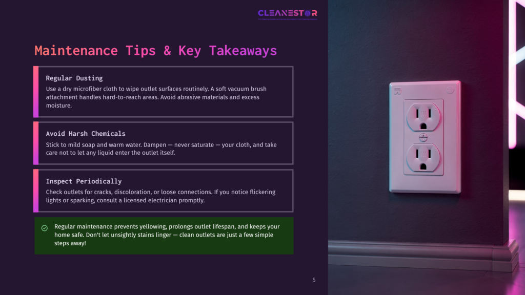 5 Maintenance Tips And Key Takeaways 12 Close-Up Of A White Electrical Outlet On A Dark, Textured Wall, With Purple And Pink Neon Lights Casting A Glow On The Right Side.