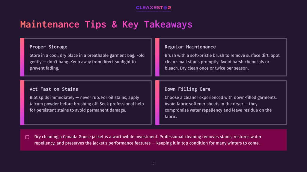 Cleanestor Logo With Text &Quot;Maintenance Tips &Amp; Key Takeaways&Quot; And Four Sections: Proper Storage, Regular Maintenance, Act Fast On Stains, And Down Filling Care. The Bottom Section Highlights Dry Cleaning A Canada Goose Jacket.