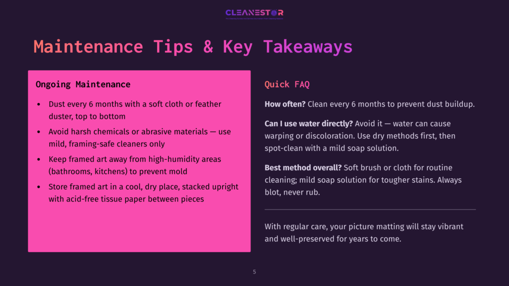 Cleanestor Presentation Slide On Picture Frame Maintenance: &Quot;Maintenance Tips &Amp; Key Takeaways&Quot; With Sections On &Quot;Ongoing Maintenance&Quot; And &Quot;Quick Faq&Quot; Covering Dust Removal, Avoiding Harsh Chemicals, And Proper Storage.