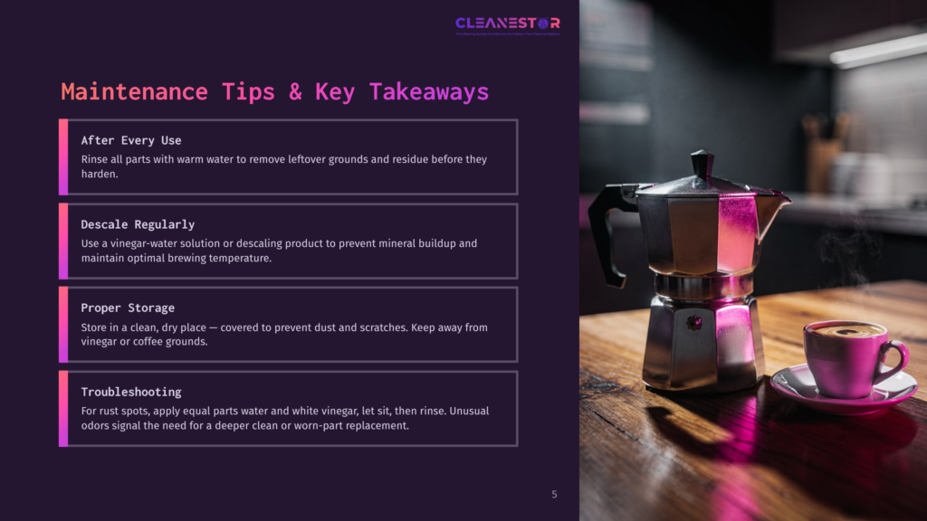 5 Maintenance Tips And Key Takeaways 5 A Classic Stovetop Espresso Maker Steams Next To A Steaming Cup Of Coffee On A Rustic Wooden Table, With Text Overlaying The Left Side Of The Image Detailing &Quot;Cleanestor Maintenance Tips &Amp; Key Takeaways&Quot; Including Rinsing After Every Use, Descaling Regularly, Proper Storage, And Troubleshooting.