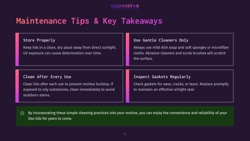 Maintenance Tips And Key Takeaways For Oxo Lids, Featuring Advice On Proper Storage, Gentle Cleaning, Post-Use Cleaning, And Gasket Inspection. The Graphic Has A Dark Purple Background With Colorful Text Boxes And A Green Checkmark.