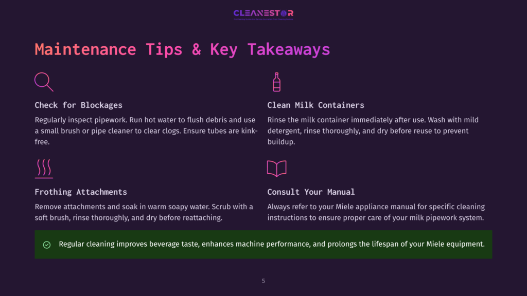 Cleanestor Logo With Text &Quot;Maintenance Tips &Amp; Key Takeaways&Quot; And Icons For Pipe Cleaning, Milk Container, Frothing Attachments, And Manual Consultation.