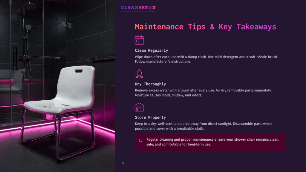 A White Plastic Shower Chair Sits In A Modern Bathroom With Black Tile Walls And Pink Led Lighting. Text Overlay Reads &Quot;Cleanestor Maintenance Tips &Amp; Key Takeaways&Quot;.