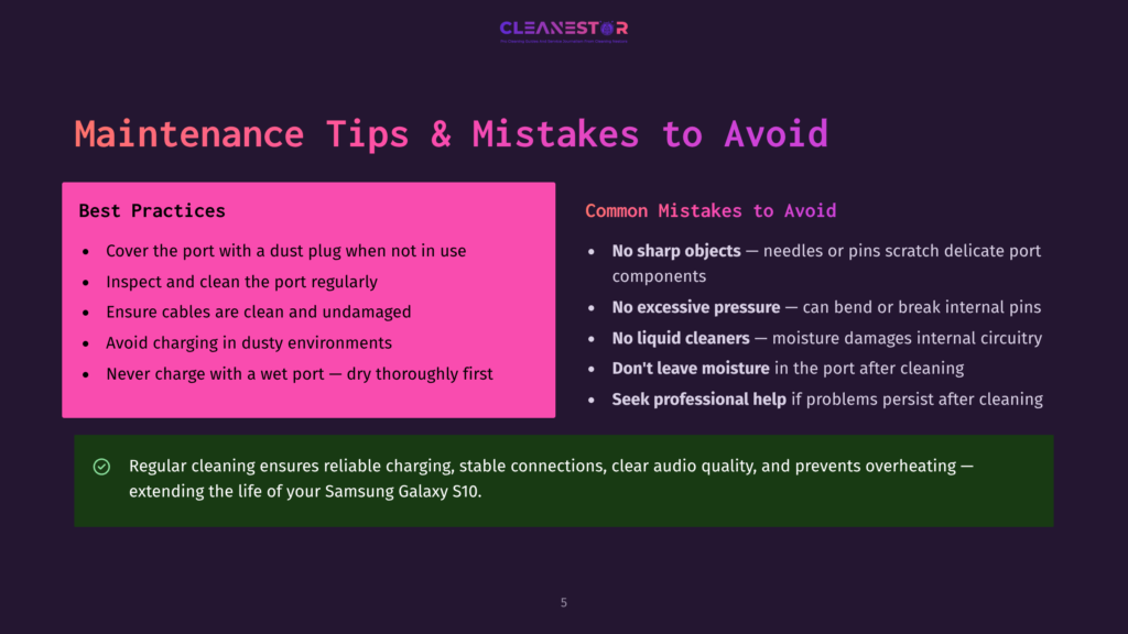 Cleanestor Logo And &Quot;Maintenance Tips &Amp; Mistakes To Avoid&Quot; Text On A Dark Purple Background. Left Side Lists &Quot;Best Practices&Quot; For Port Maintenance, Right Side Lists &Quot;Common Mistakes To Avoid.