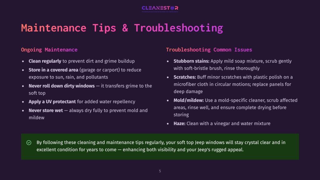 Cleanestor Logo At The Top Of A Slide With &Quot;Maintenance Tips &Amp; Troubleshooting&Quot; Text. Below Are Two Columns: &Quot;Ongoing Maintenance&Quot; And &Quot;Troubleshooting Common Issues&Quot; With Bulleted Tips. A Green Checkmark Box With Text Is At The Bottom.
