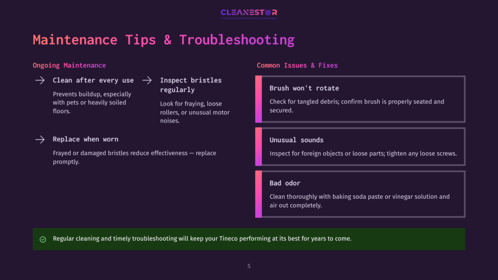 Cleanestor Maintenance Tips And Troubleshooting Guide, With Sections On Ongoing Maintenance And Common Issues &Amp; Fixes For A Tineco Device.