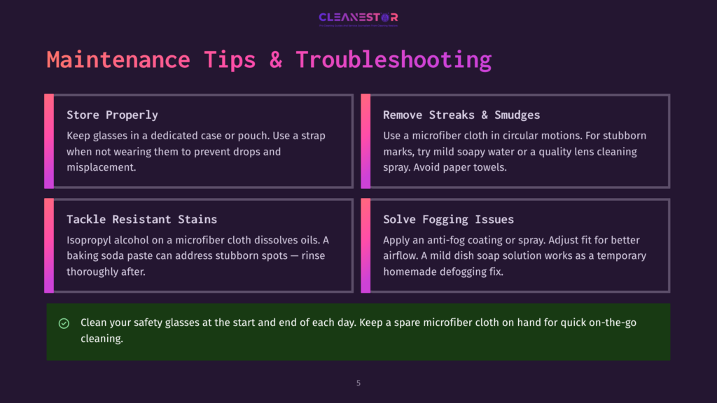 Infographic Titled &Quot;Maintenance Tips &Amp; Troubleshooting&Quot; Offering Advice On Storing Glasses, Removing Streaks, Tackling Stains, And Solving Fogging Issues, With A Green Checkmark At The Bottom For Cleaning Safety.