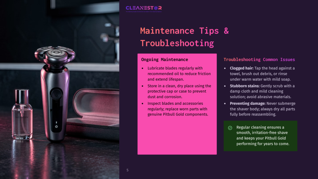 A Silver Electric Shaver And A Bottle Of Cleaning Oil Sit On A Dark Surface Next To A Black Shaver Case. Text On The Right Side Of The Image Provides Maintenance Tips And Troubleshooting Advice For The Shaver, With The Heading &Quot;Maintenance Tips &Amp; Troubleshooting.