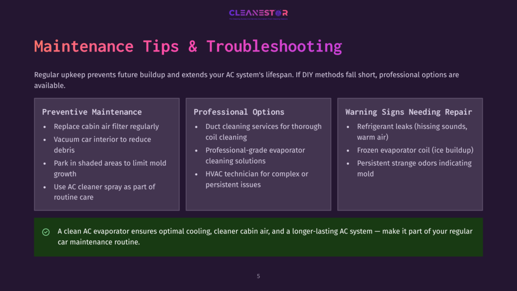 Maintenance Tips And Troubleshooting Guide For Ac Systems, Including Preventive Maintenance, Professional Options, And Warning Signs Needing Repair. Image Features A Dark Blue Background With A White Border, White Text, And A Green Checkmark Icon.