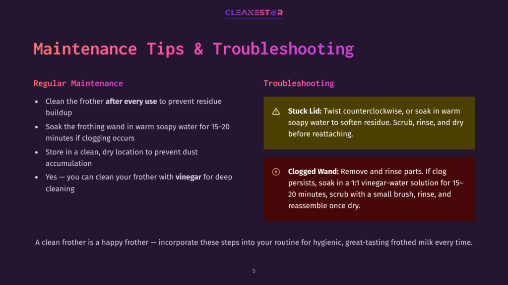 A Webpage Displaying Maintenance Tips And Troubleshooting For A Frother, With A Section Labeled &Quot;Regular Maintenance&Quot; And Another Labeled &Quot;Troubleshooting,&Quot; Against A Purple And White Background.