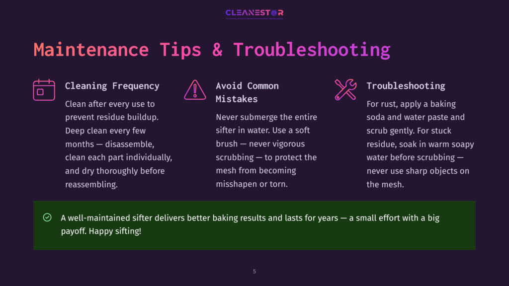 Cleanestor Maintenance Tips And Troubleshooting Guide With Icons For Cleaning Frequency, Avoiding Common Mistakes, And Troubleshooting Rust. Key Text Includes &Quot;Maintenance Tips &Amp; Troubleshooting,&Quot; &Quot;Cleaning Frequency,&Quot; &Quot;Avoid Common Mistakes,&Quot; And &Quot;Troubleshooting.