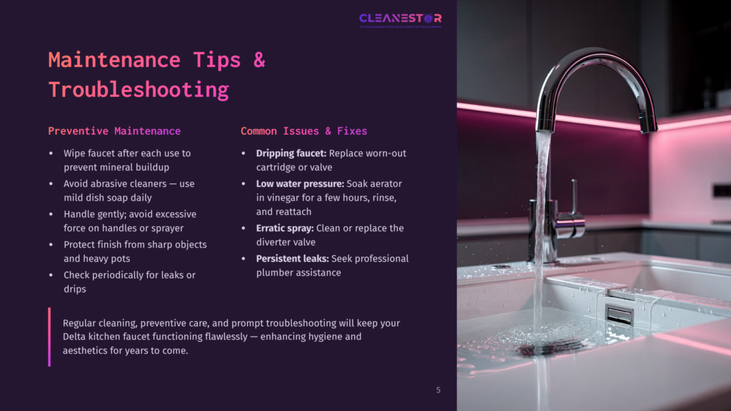 Maintenance Tips And Troubleshooting Guide For Delta Kitchen Faucets, With A Modern Kitchen Sink In The Foreground And A Faucet Running Water.
