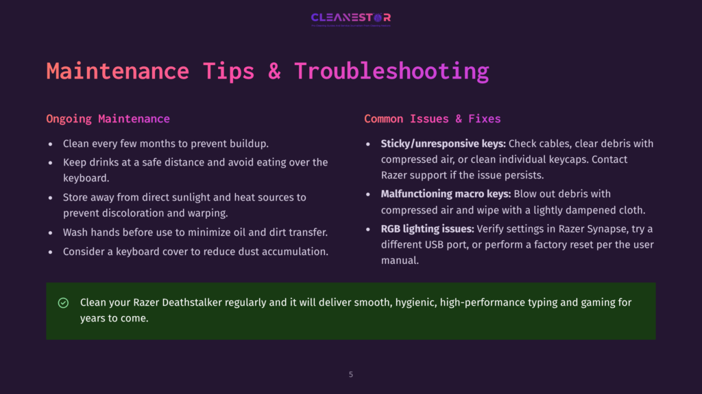 Razer Deathstalker Keyboard Maintenance Tips And Troubleshooting Guide, Featuring Text On Cleaning, Sticky Keys, And Macro Issues.
