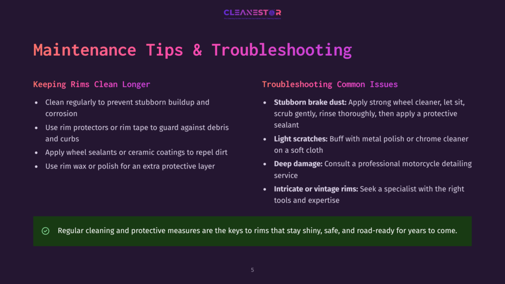5 Maintenance Tips And Troubleshooting 3 The Cleanestor Logo Is Displayed On A Dark Purple Background, With &Quot;Maintenance Tips &Amp; Troubleshooting&Quot; In Large White Text. The Slide Provides Tips For Keeping Rims Clean And Troubleshooting Common Issues.