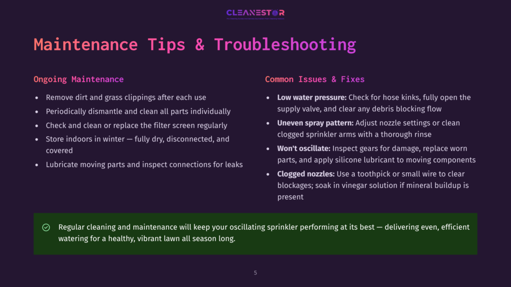 Maintenance Tips &Amp; Troubleshooting For Sprinklers: Ongoing Maintenance Includes Removing Debris, Checking And Cleaning Parts, And Lubricating Moving Parts. Common Issues &Amp; Fixes Cover Low Water Pressure, Uneven Spray Pattern, And Clogged Nozzles.
