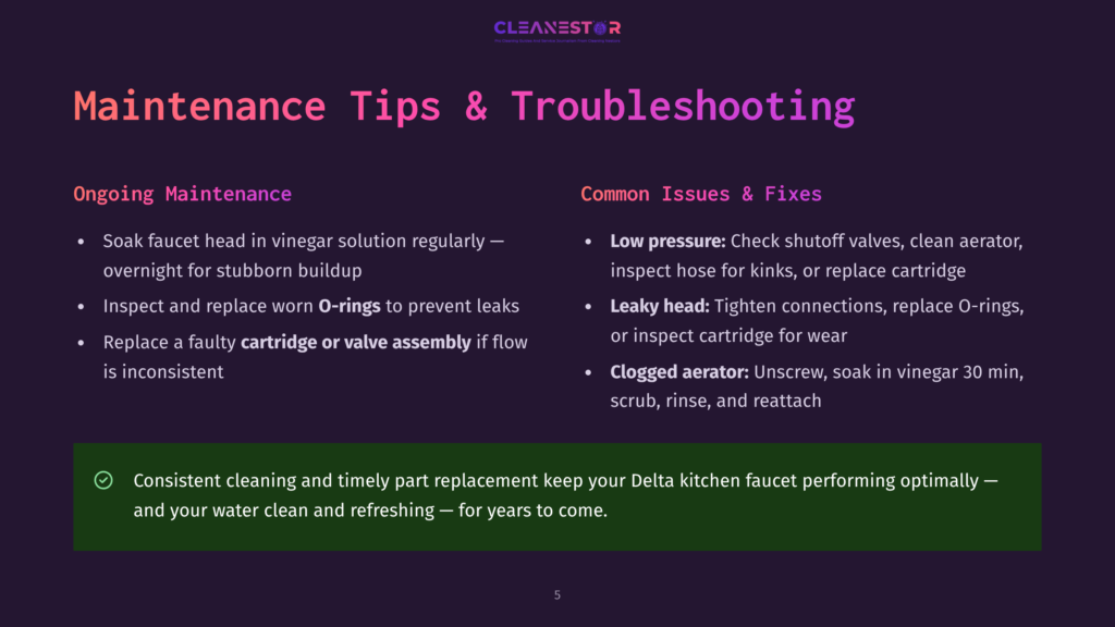 A Screenshot Of A Website Page Titled &Quot;Maintenance Tips &Amp; Troubleshooting&Quot; Displays A List Of Maintenance Tips And Common Issues With Fixes For Delta Kitchen Faucets.