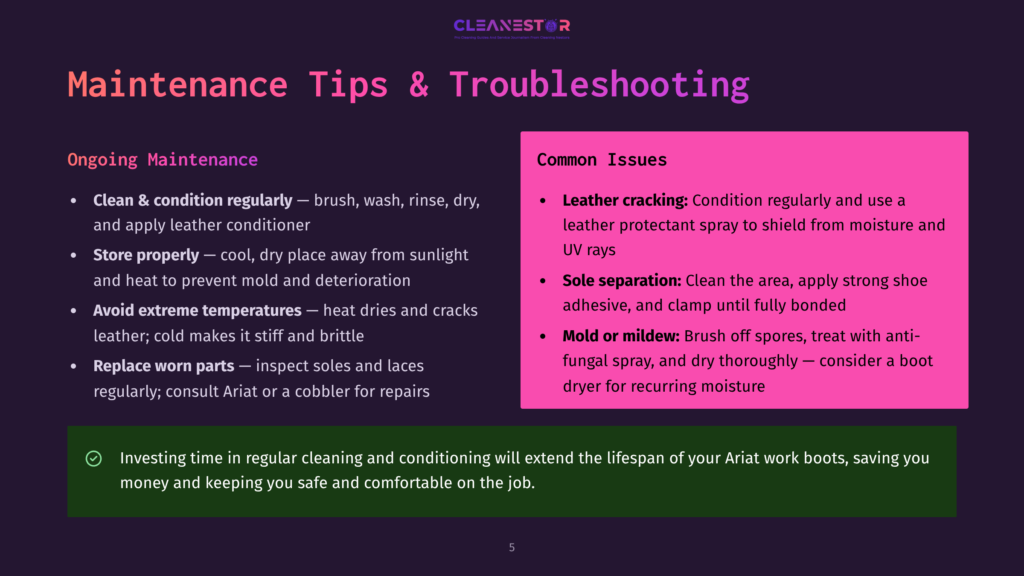 Infographic Titled &Quot;Ariat Maintenance Tips &Amp; Troubleshooting&Quot; With Sections On &Quot;Ongoing Maintenance&Quot; And &Quot;Common Issues&Quot; Like Leather Cracking And Sole Separation.