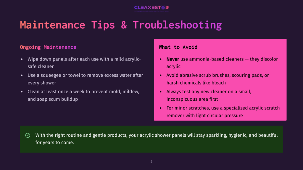 A Slide Titled &Quot;Maintenance Tips &Amp; Troubleshooting&Quot; From Cleanestor, Detailing Ongoing Maintenance For Acrylic Showers And What To Avoid.