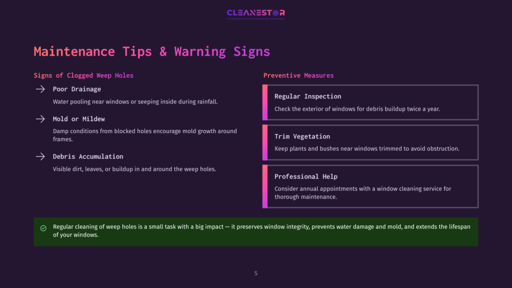 5 Maintenance Tips And Warning Signs 1 Infographic Titled &Quot;Maintenance Tips &Amp; Warning Signs&Quot; From Cleanestor, Detailing Signs Of Clogged Weep Holes Like Poor Drainage, Mold, And Debris, Alongside Preventive Measures Such As Regular Inspection, Trimming Vegetation, And Professional Help For Window Cleaning.