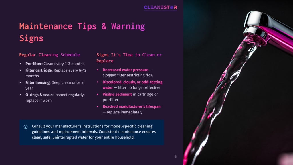 5 Maintenance Tips And Warning Signs Close-Up Of Pink Water Flowing From A Chrome Faucet Into A Dark Background. Text Overlay: &Quot;Cleanestor Maintenance Tips &Amp; Warning Signs&Quot;.