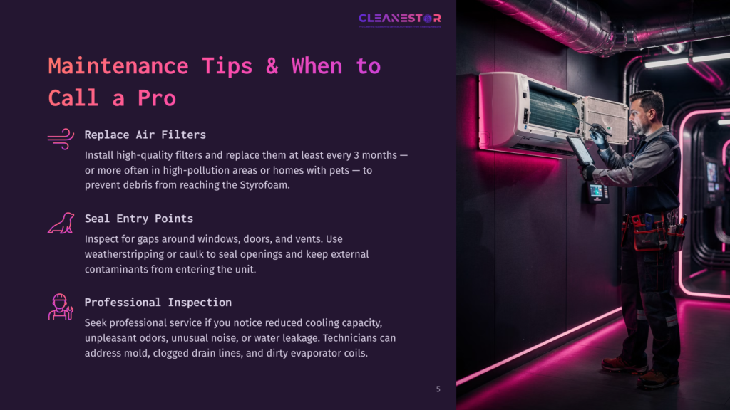 Technician In A Tool Belt Inspects An Air Conditioner Unit Mounted On A Wall In A Brightly Lit, Modern Space With Pink Neon Accents. Text On The Left Reads &Quot;Cleanestor Maintenance Tips &Amp; When To Call A Pro&Quot;.
