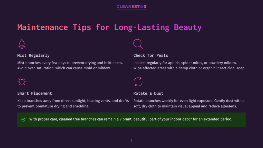 5 Maintenance Tips For Long Lasting Beauty Cleanestor Logo Above &Quot;Maintenance Tips For Long-Lasting Beauty&Quot; Heading. Icons Represent Misting, Pest Inspection, Smart Placement, And Rotation. Text Offers Tips For Plant Care.