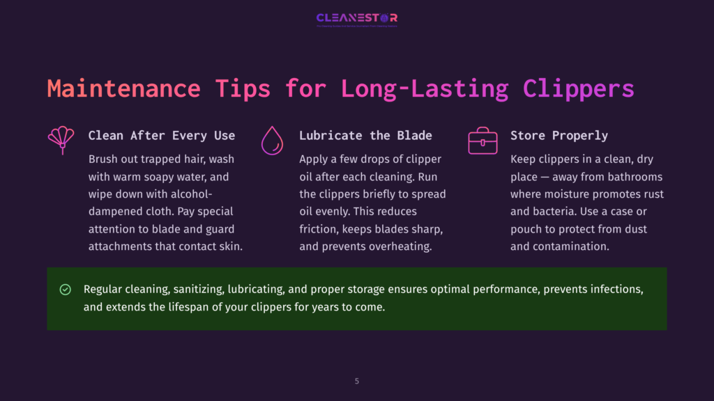 Graphic With &Quot;Cleanestor&Quot; Logo And &Quot;Maintenance Tips For Long-Lasting Clippers&Quot; Title. Three Tips Are Listed: &Quot;Clean After Every Use,&Quot; &Quot;Lubricate The Blade,&Quot; And &Quot;Store Properly,&Quot; With Icons And Descriptions.