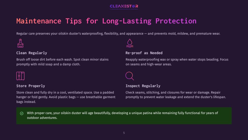 Graphic With Text &Quot;Maintenance Tips For Long-Lasting Protection&Quot; And Icons For Cleaning, Re-Proofing, Storing, And Inspecting Oilskin Dusters.