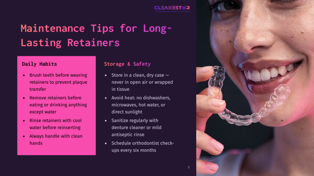 A Smiling Woman Wearing A Clear Retainer, With A Text Box Listing Daily Habits For Retainer Maintenance, Including Brushing Teeth Before Wearing Retainers And Storing Them In A Dry Case.