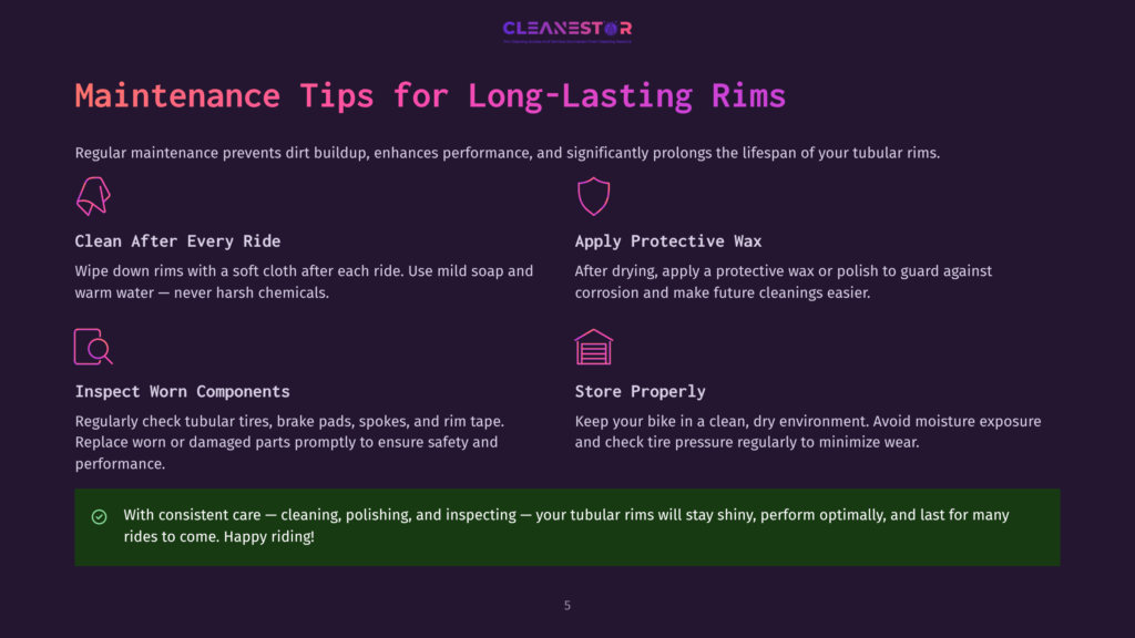 5 Maintenance Tips For Long Lasting Rims Cleanestor Logo And &Quot;Maintenance Tips For Long-Lasting Rims&Quot; Title On A Dark Purple Background. Below Are Icons And Text Detailing Cleaning And Maintenance Tips For Bicycle Rims, Including &Quot;Clean After Every Ride,&Quot; &Quot;Apply Protective Wax,&Quot; &Quot;Inspect Worn Components,&Quot; And &Quot;Store Properly.&Quot; A Green Checkmark With Text &Quot;With Consistent Care...&Quot; Is At The Bottom.