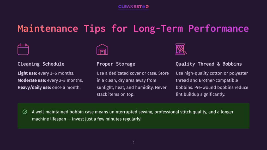 Graphic With Text: &Quot;Maintenance Tips For Long-Term Performance&Quot; Detailing Cleaning Schedule, Proper Storage, And Quality Thread &Amp; Bobbins For Sewing Machines.