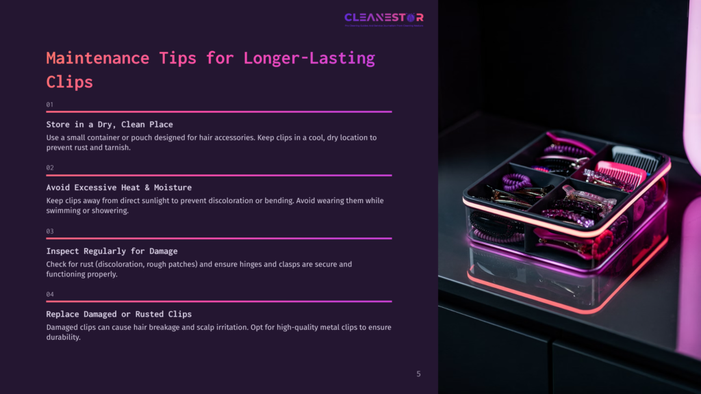 A Black Organizer Box With Neon Pink And Purple Led Lights, Filled With Various Hair Clips, Barrettes, And Combs. The Box Sits On A Dark, Reflective Surface.