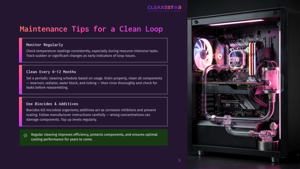 Clean Loop Maintenance Tips: Monitor Regularly, Clean Every 6-12 Months, Use Biocides &Amp; Additives. A Custom Pc Build With Pink Liquid Cooling Tubes Is Shown.