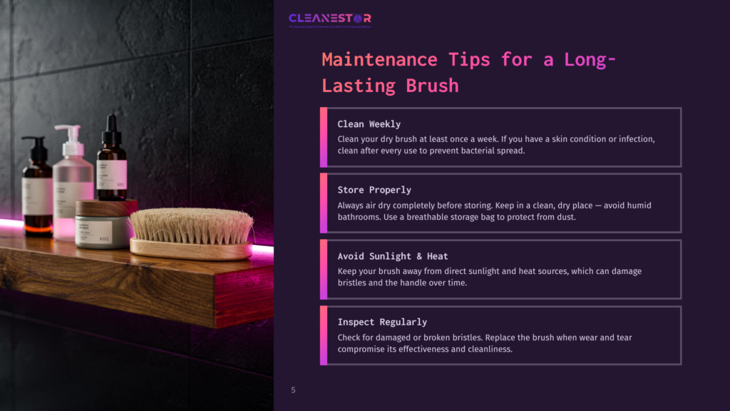 A Wooden-Handled Bath Brush Rests On A Shelf Next To Bottles Of Bath Products, With Text Overlay Detailing &Quot;Cleanestor Maintenance Tips For A Long-Lasting Brush.