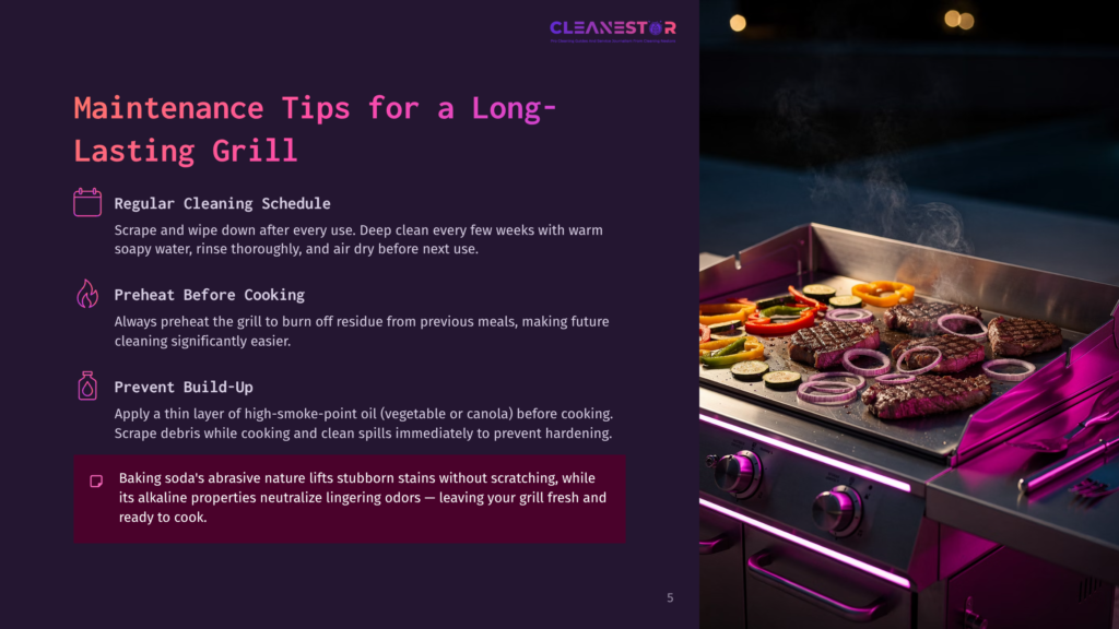 5 Maintenance Tips For A Long Lasting Grill A Vibrant, Close-Up Shot Of A Professional Grill With Steaks And Colorful Vegetables Cooking On Its Surface, Illuminated By Purple Neon Lights.