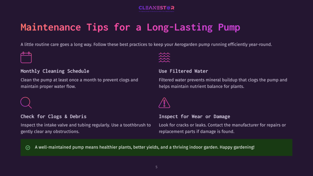 Cleanestor Logo With Text &Quot;Maintenance Tips For A Long-Lasting Pump&Quot; And Icons For Monthly Cleaning, Filtered Water, Clog Checks, And Wear Inspection.