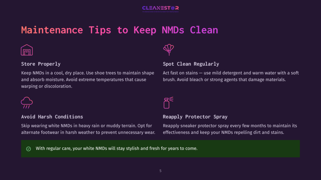 Infographic Detailing How To Maintain Adidas Nmd Sneakers, With Icons For Proper Storage, Spot Cleaning, Avoiding Harsh Conditions, And Reapplying Protector Spray. Text Highlights Keeping Nmds Stylish And Fresh.