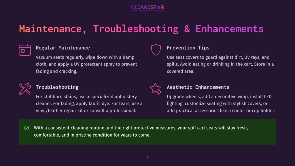 5 Maintenance Troubleshooting And Enhancements Infographic On Maintenance, Troubleshooting, And Enhancements For Golf Cart Seats. Sections Include Regular Maintenance, Prevention Tips, Troubleshooting, And Aesthetic Enhancements. The Infographic Is Set Against A Purple Background With A Green Border.
