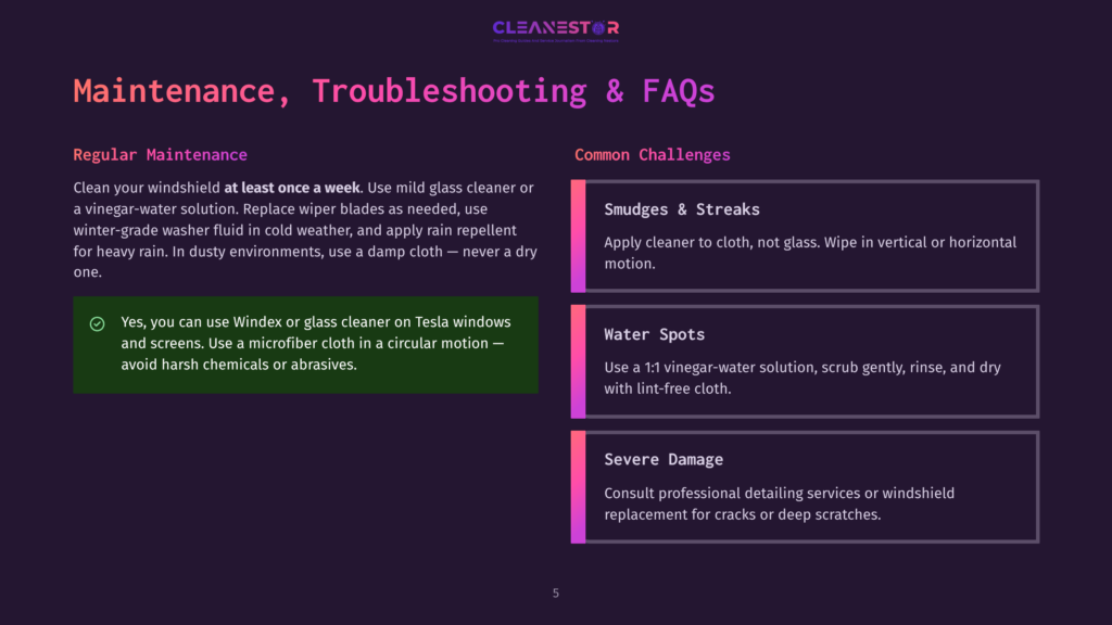 5 Maintenance Troubleshooting And Faqs Cleanestor Maintenance Guide: How To Clean Car Windshields And Address Common Challenges Like Smudges, Water Spots, And Severe Damage.