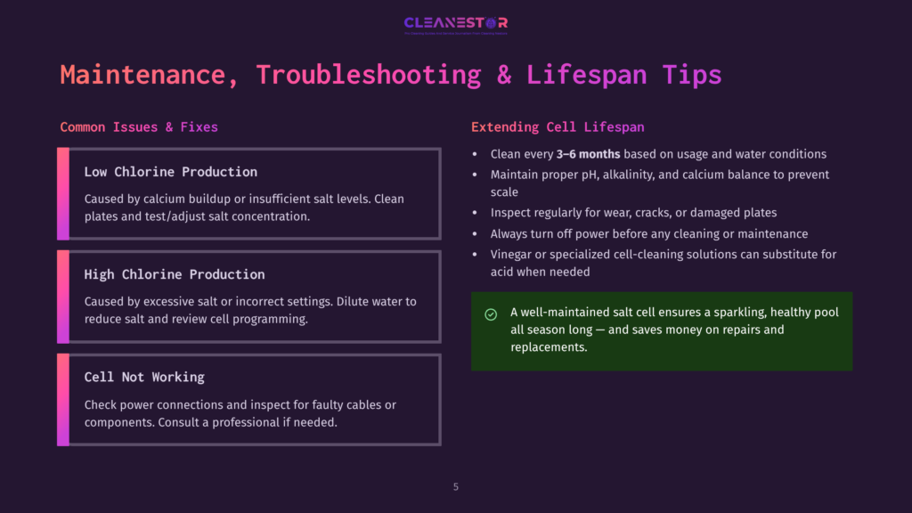 A Dark Purple Slide Titled &Quot;Maintenance, Troubleshooting &Amp; Lifespan Tips&Quot; With Sections On &Quot;Common Issues &Amp; Fixes&Quot; (Low Chlorine Production, High Chlorine Production, Cell Not Working) And &Quot;Extending Cell Lifespan&Quot; With Bullet Points And A Green Box Highlighting Maintenance Benefits.