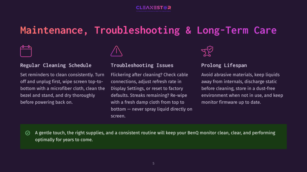 Benq Projector Maintenance Guide: Regular Cleaning Schedule, Troubleshooting Tips, And Prolonged Lifespan Advice. Includes Text: &Quot;Maintenance, Troubleshooting &Amp; Long-Term Care&Quot;, &Quot;Regular Cleaning Schedule&Quot;, &Quot;Troubleshooting Issues&Quot;, &Quot;Prolong Lifespan&Quot;, And A Green Checkmark Graphic With Text About Gentle Cleaning.
