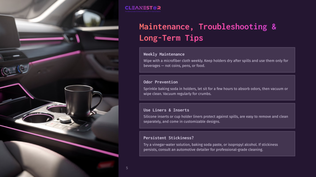 Interior Of A Modern Car With Pink Ambient Lighting, Featuring A Cup Holder With A Black Mug And Text About Car Maintenance And Cleaning Tips.