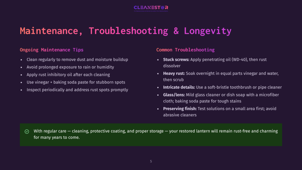 5 Maintenance Troubleshooting And Longevity Cleanestor Logo And Text On A Dark Purple Background, With Sections On &Quot;Maintenance, Troubleshooting &Amp; Longevity,&Quot; &Quot;Ongoing Maintenance Tips,&Quot; And &Quot;Common Troubleshooting.