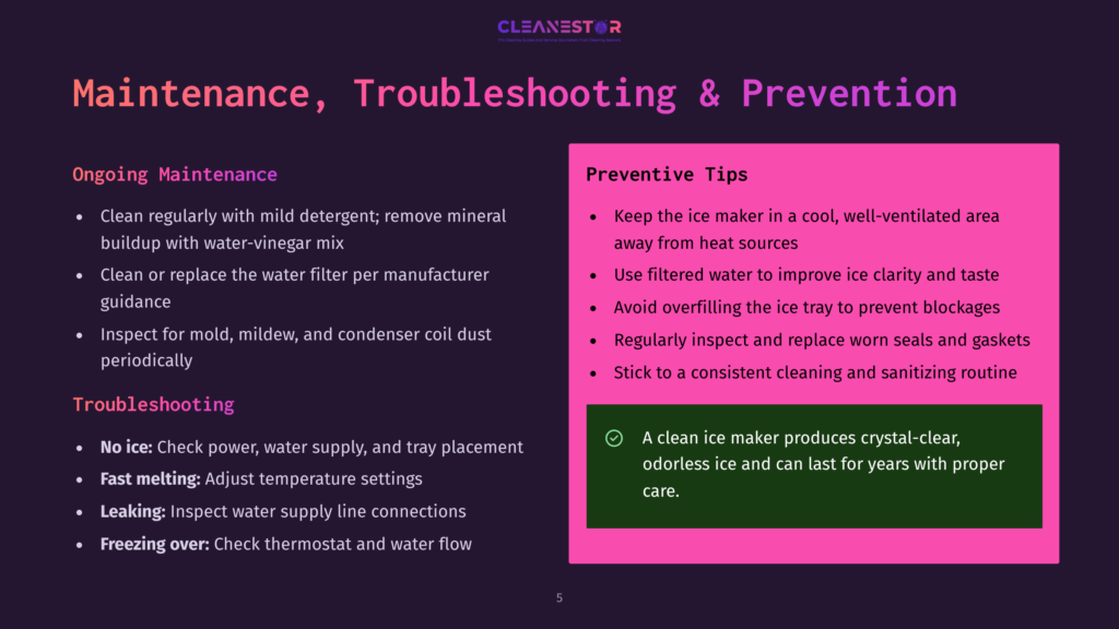 A Presentation Slide Titled &Quot;Maintenance, Troubleshooting &Amp; Prevention&Quot; For Cleanestor Ice Makers, Featuring Lists Of Ongoing Maintenance And Troubleshooting Tips, And Preventative Tips.
