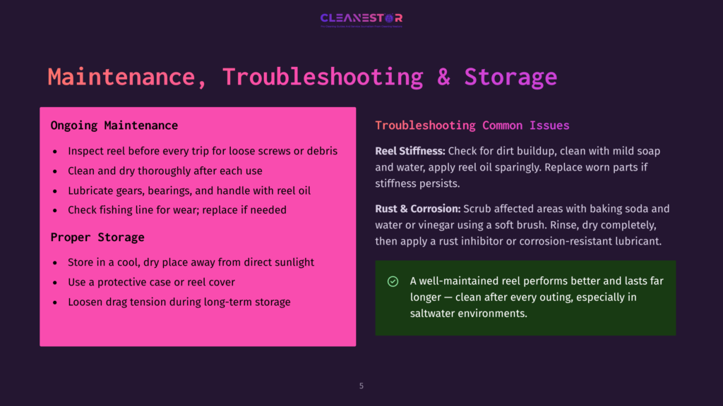 A Web Page Titled &Quot;Maintenance, Troubleshooting &Amp; Storage&Quot; With A Dark Background Displays Maintenance Tips And Troubleshooting Instructions For A Fishing Reel, Including Inspecting For Loose Screws, Cleaning, And Storage Advice.