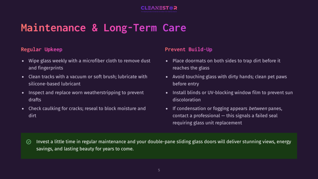 Infographic Detailing &Quot;Maintenance &Amp; Long-Term Care&Quot; For Glass, With Sections On &Quot;Regular Upkeep&Quot; And &Quot;Prevent Build-Up,&Quot; Featuring Bullet Points And The Cleanestor Logo.