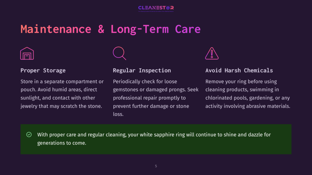 Infographic With Icons For Proper Storage, Regular Inspection, And Avoiding Harsh Chemicals For Jewelry Maintenance. Features Text About Storing Jewelry Safely, Checking For Damage, And Using Gentle Cleaning Methods.