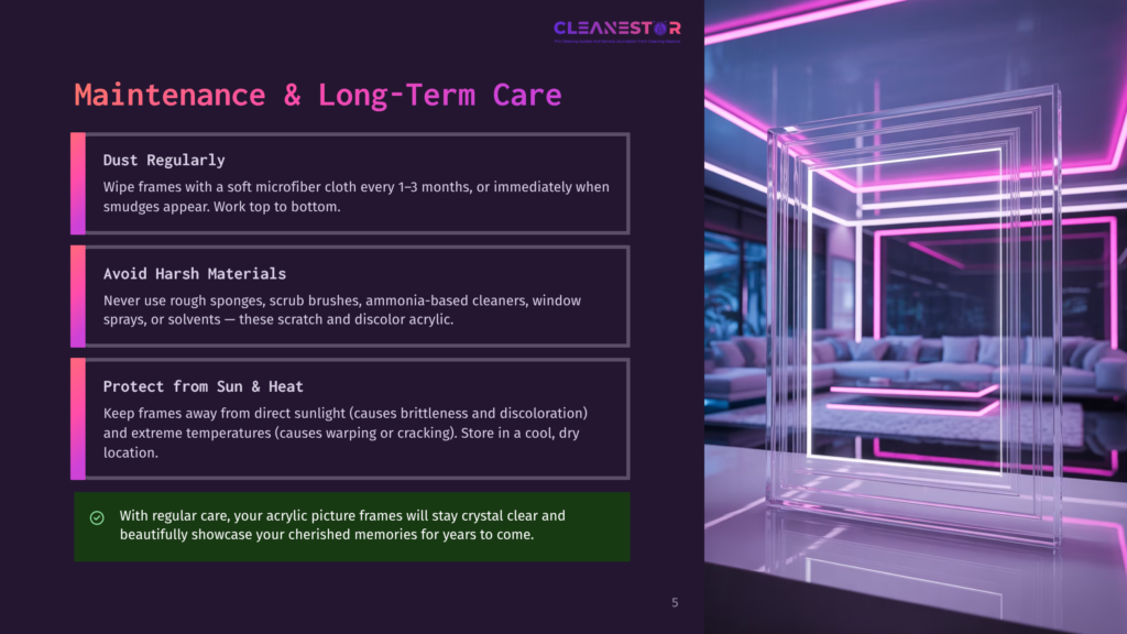 Cleanestor Acrylic Picture Frames In A Modern, Neon-Lit Room, Showcasing Tips For Maintenance And Long-Term Care. The Frames Glow With A Soft Pink And Blue Light Against A Backdrop Of A Plush Sofa.